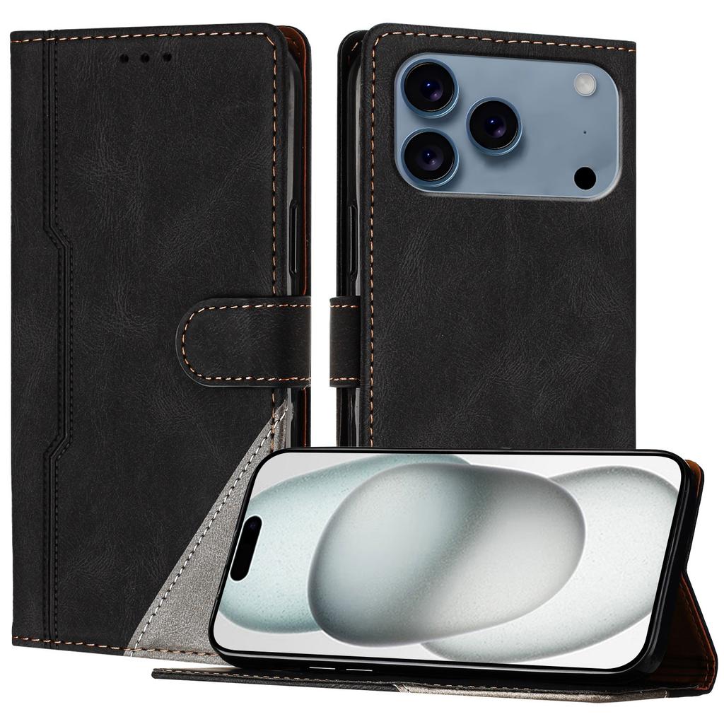 For iPhone 17 Pro Max Leather Case Triangle Patchwork Wallet Stand Shockproof Phone Cover