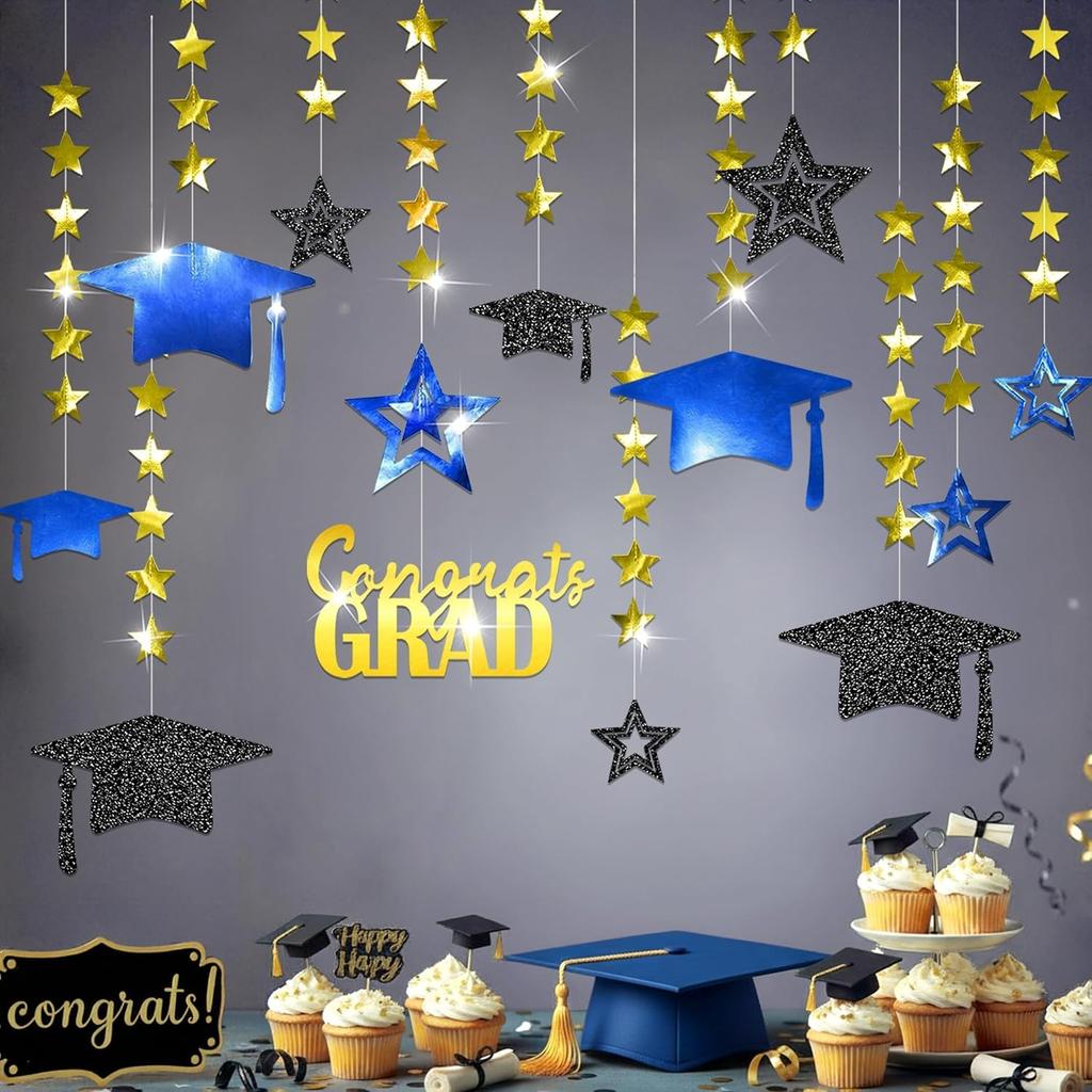 Cheerland Winter Graduation Party Decorations Blue and Gold Hanging Photo Backdrop Kit Congrats Grad Giltter 2025 Hanging Wall Banner University High
