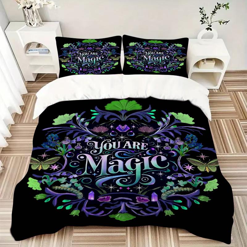 3pcs Flowers and Grass You are Magic Printed Bedding Set, Soft and Comfortable Quilt Cover for Bedroom, Guest Room (1 Duvet Cover + 2 Pillow