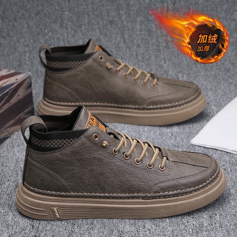 

High-top tooling shoes men s winter velvet thickened warm cotton shoes men s fur integrated labor insurance casual leather shoes men s waterproof 39 коричневый