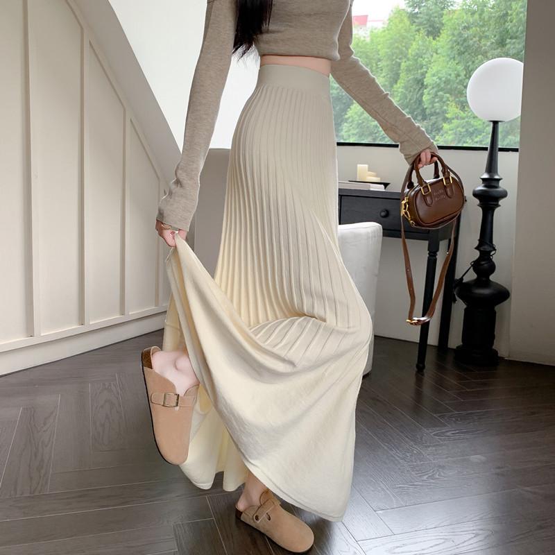 

2024 Autumn/Winter A-Line Pleated Midi Skirt with Ruffle and Full Flare One Size абрикосовий