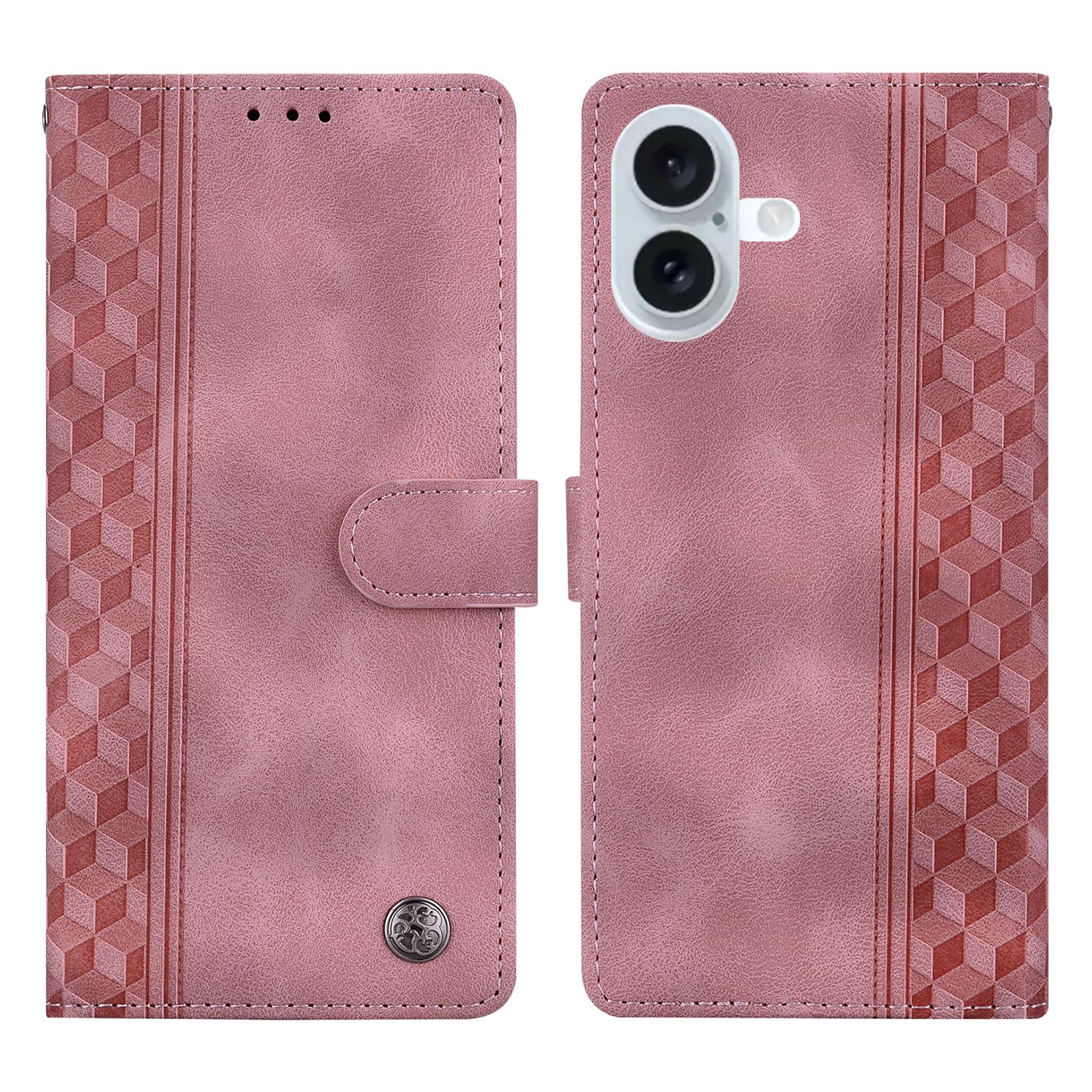 

For iPhone 17 Leather Case Imprinted Checkered Pattern Wallet Stand Flip Phone Cover Pink