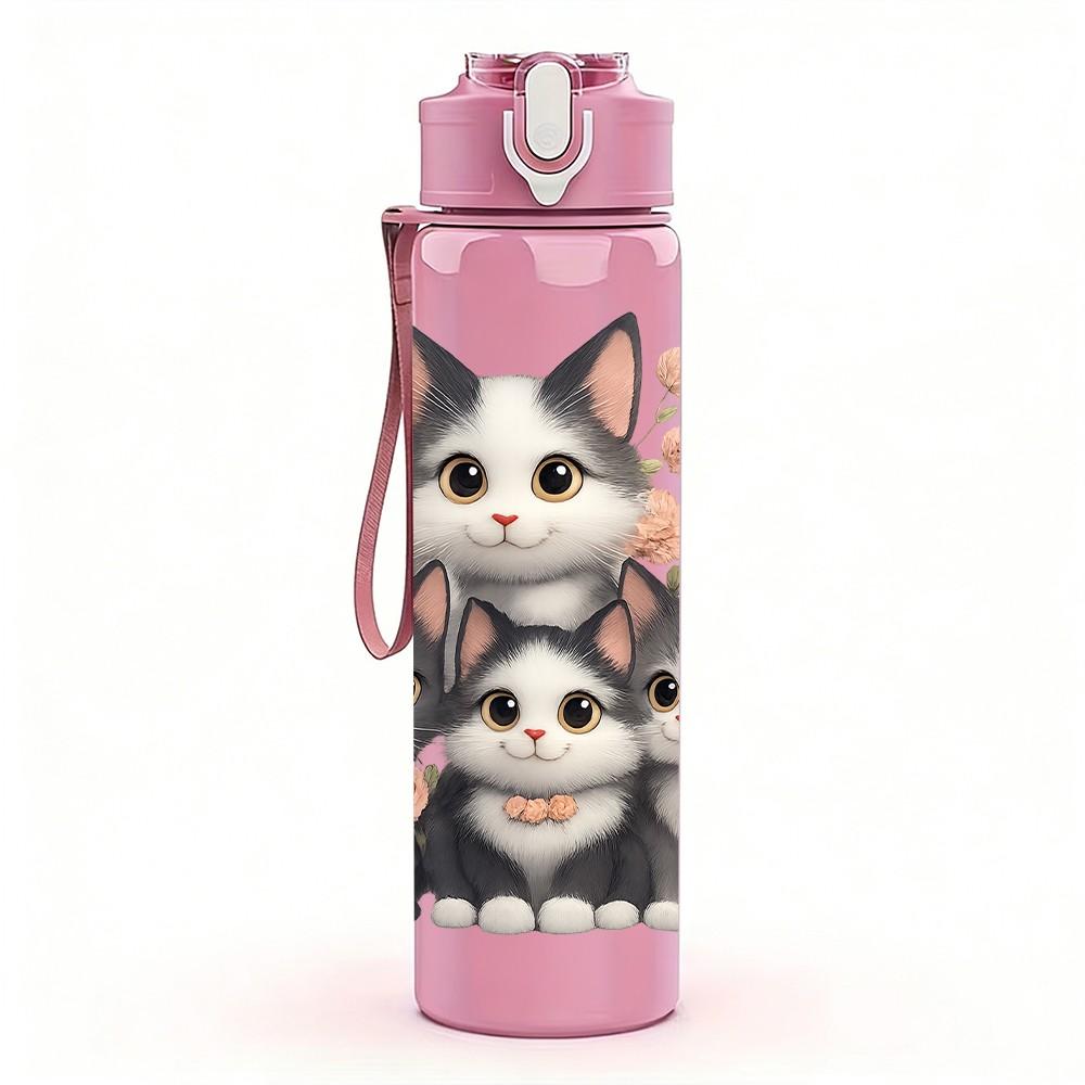 1PC Family Kitten Group Pattern 750ml Color Plastic Sports Water Bottle Leakproof Flip Straw Lid Suitable for Sports Office Home Use