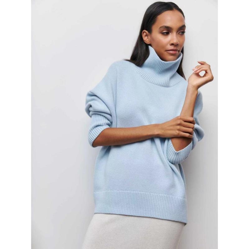 

Autumn and Winter Loose Semi High Neck Solid Color Women s Sweaters S світло-синій колір