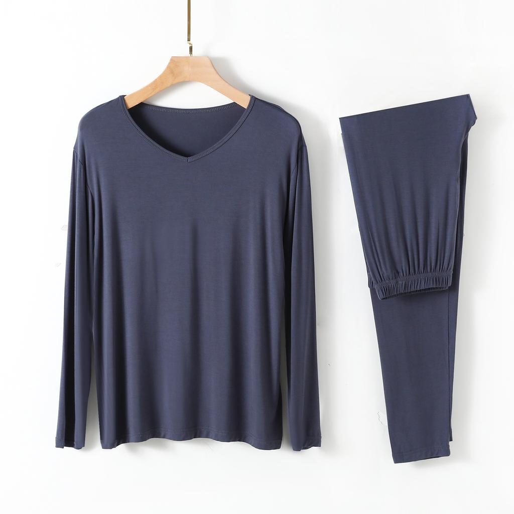 Modal Mens Homewear Pajamas V-neck Long Sleeve Pants Kit Draping Smooth Elastic Comfortable Sleepwear Pyjama Homme