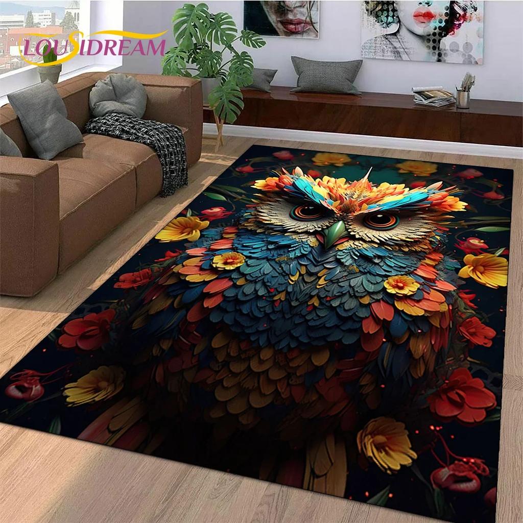 3D Süße Eule Adler Vögel Cartoon Teppich für Schlafzimmer Wohnzimmer Zuhause Sofa Dekoration, Kinderspiel Große Dekor Bodenmatte Geschenk