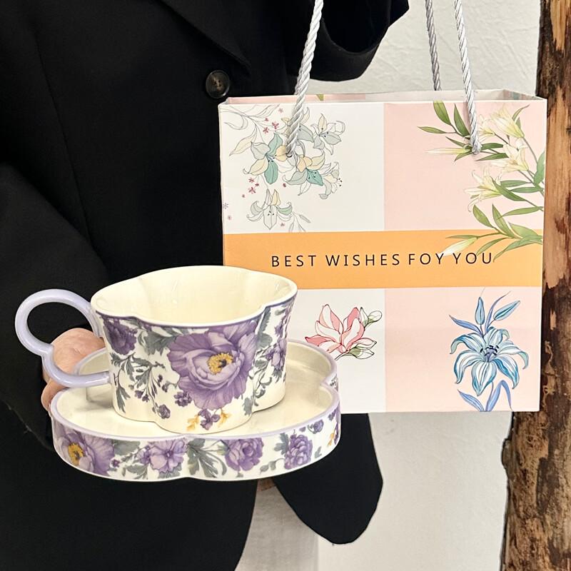 OLOEY Purple Iris & Rose Ceramic Coffee Cup Set