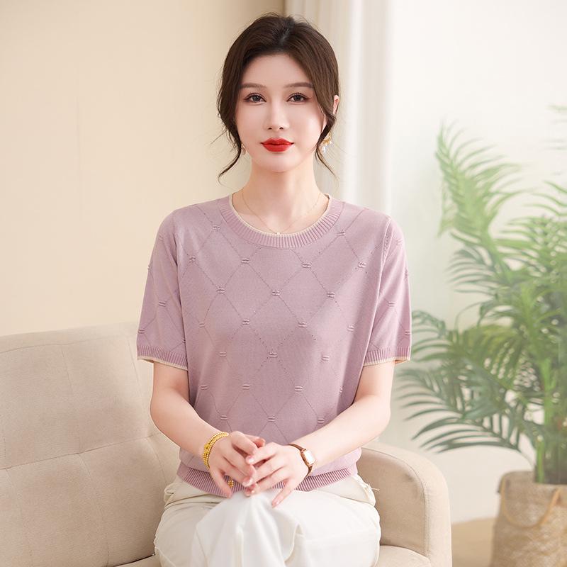 

2026 Ice Silk Knit T-shirt: Chic Summer Wear for Young & Middle-aged Women 2XL (110-120 lbs) фіолетовий
