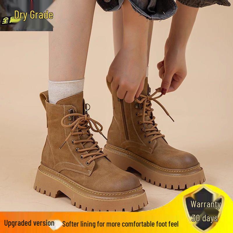 Thick-Soled 2024 Autumn/Winter Women's British Style Versatile Velvet-Lined Flat Motorcycle Boots