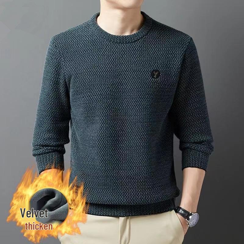 

Мужской свитер на бархатистой флисовой подкладке - Зимний теплый пуловер с круглым вырезом L зелёный