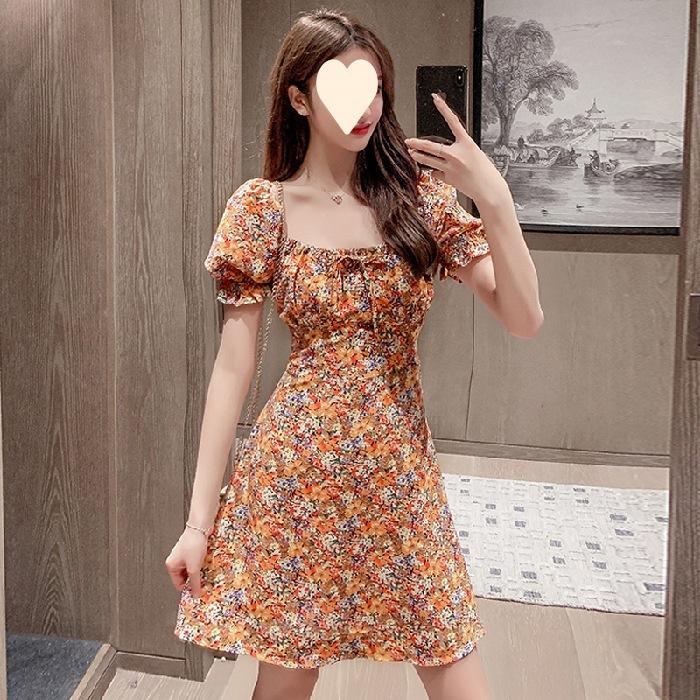 Large size fashion dress women's summer new retro square collar belly covering and thin bubble short sleeve floral dress