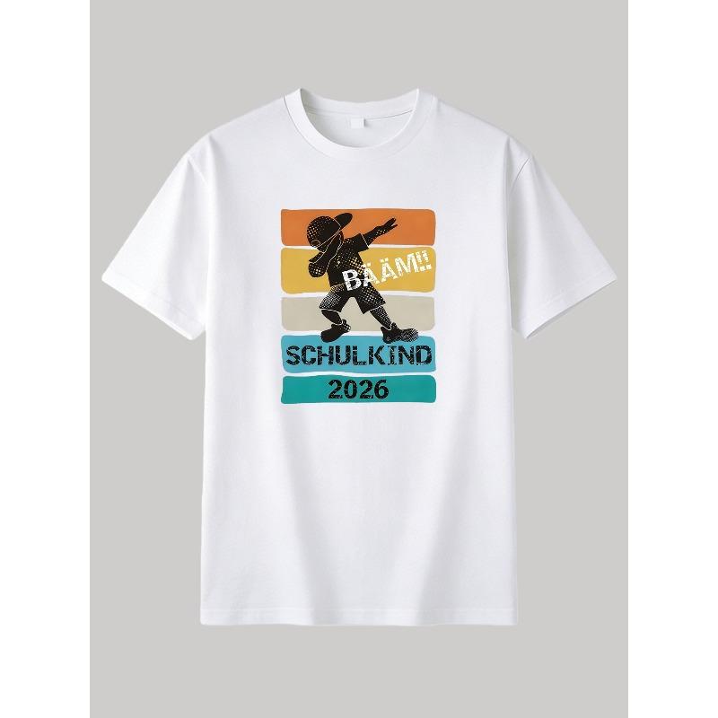 Kids Crewneck Short Sleeve T-Shirt, Stylish Colorful "BAAM SCHULKIND" Letter Print Summer Tee