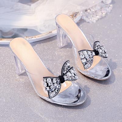 Fashion 2024 Summer New Water Diamond Bow Slippers for Women Versatile and Comfortable Open Toe High Heel Single Shoes for Women's