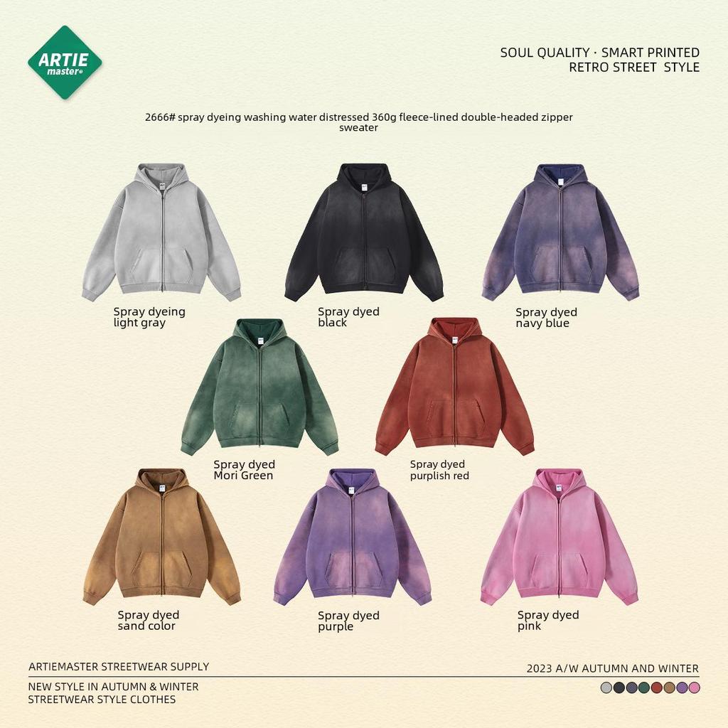 ARTIE Herren 2024 Winter Unisex Dick Sprühgefärbt Doppelreißverschluss Sweatshirt Hoodies