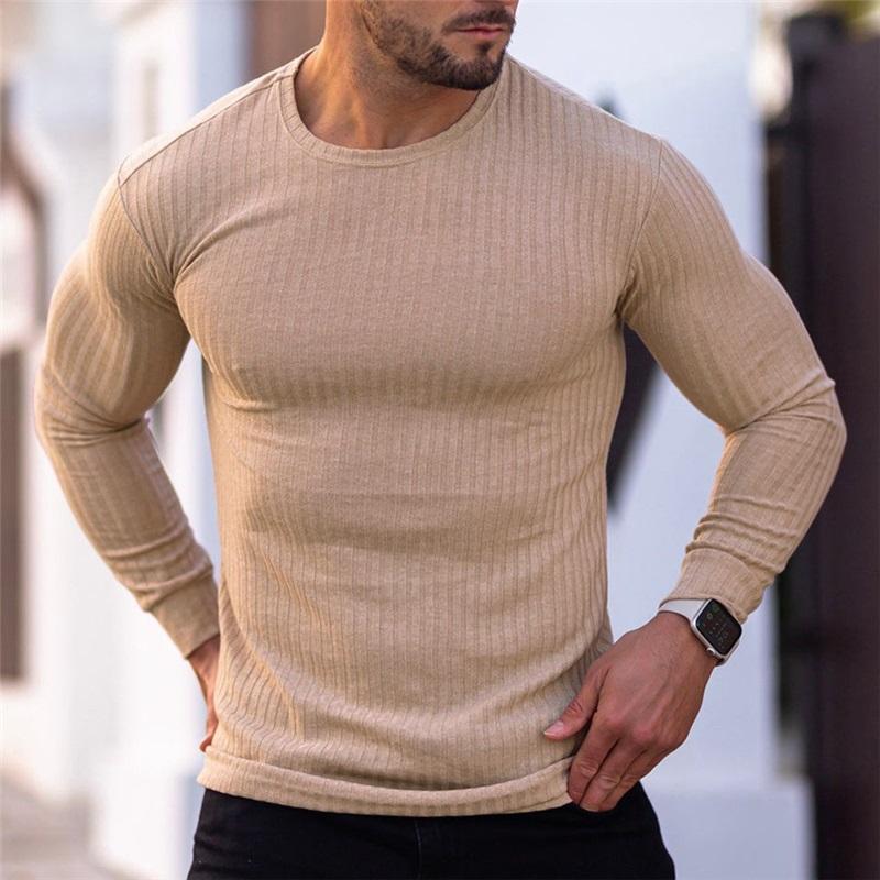 Men's Autumn Sports Fitness Casual Stand Collar Stretch Ribbed Crew Neck Long Sleeve Activewear