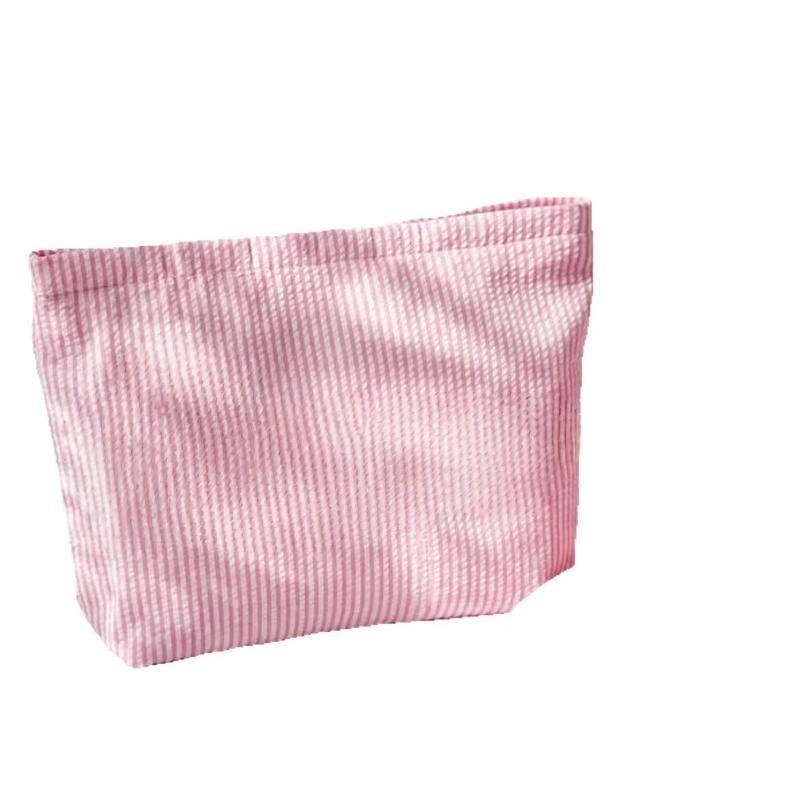 1 Pcs Seersucker Makeup Bag & Travel Pouch — Portable Toiletry Bag With Soft, Textured Striped Design