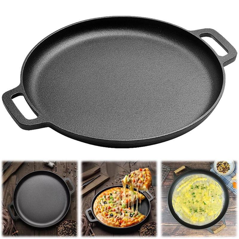 28cm Cast Iron Round Griddle For Crepes And Pizza with Dual Handles Pancake Pizza Pan Kitchen Outdoor BBQ Grill Cookware Fry Pan