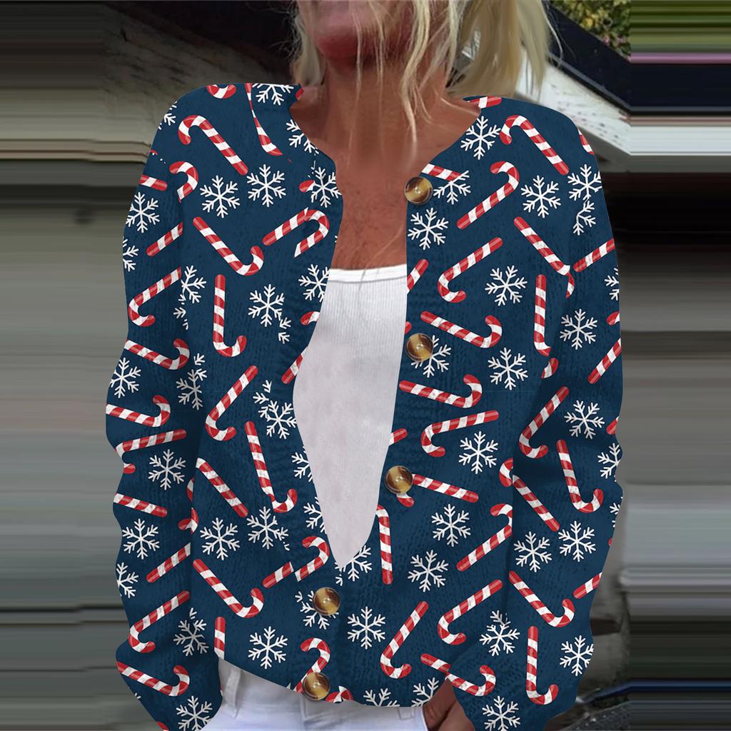 Chaqueta de punto tipo cárdigan de manga larga con estampado navideño a la moda para mujer