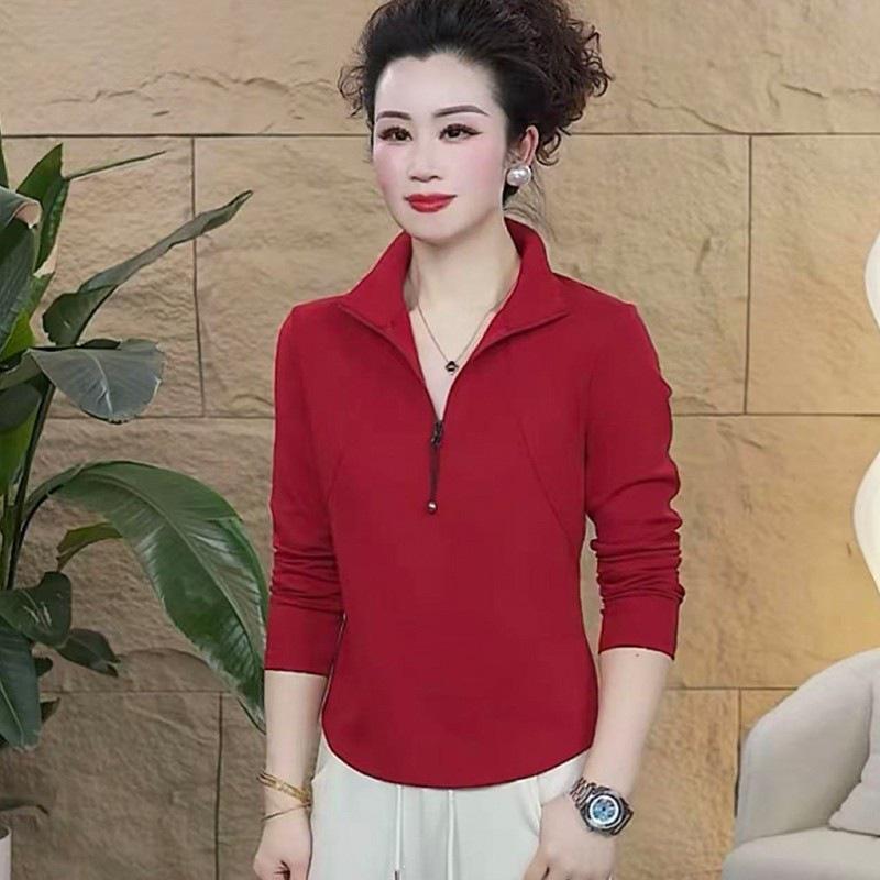 Spring 2026 Elegant Versatile Half-Zip Stand Collar Slimming Long Sleeve Mother's Top