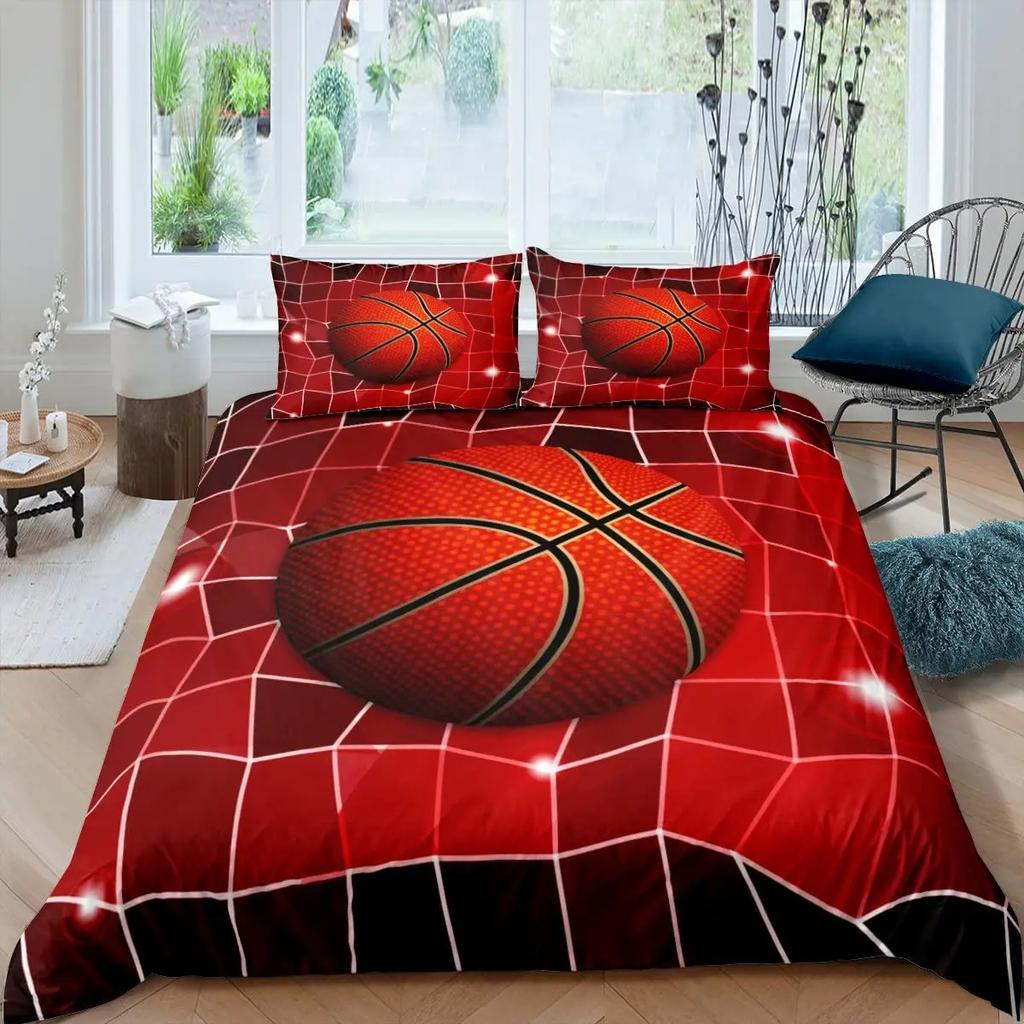 Basketball Duvet Cover Set Black 3D Ball Sports Theme Bedding Set Microfiber Basketball Court Competitive Games King Quilt Cover