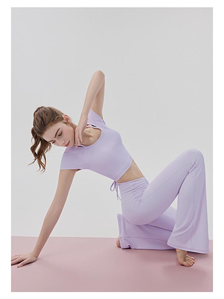 Women's Cooling Yoga Suit: Short Sleeve Top with Built-in Bra & Draping Tie-up Micro Flare Pants Set