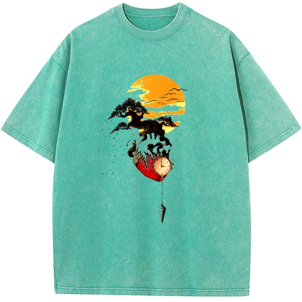 Time Sunset Mountain Men Women Washed T-Shirt Cotton Funny Loose Bleached Tshirt Retro Bleach T shirt Tops Tee