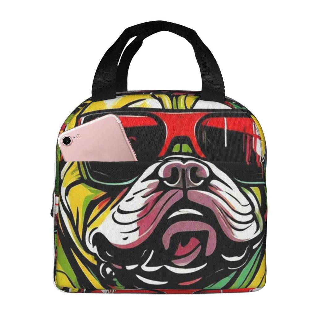 Colorful Cute Graffiti Bulldog Smile Print Insulated Lunch Bag for Women Kids Portable Food Boxes Thermal Lunch Box Tote