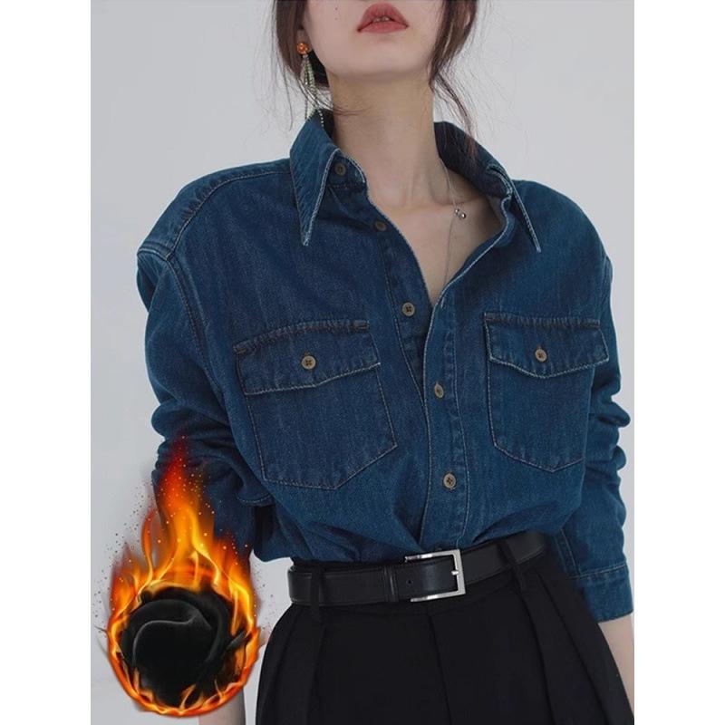 Classic Style Dark Blue Velvet Denim Top Jacket for Women Winter Mid-length Relaxed Fit Layered Inner Top Spring and Autumn