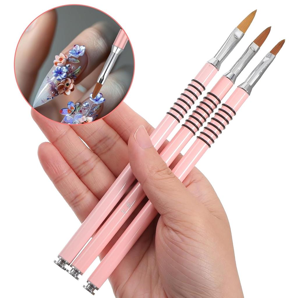 3 Packs Acrylic Nail Brush for Nails Art, 3D Nail Art Brush Kolinsky Acrylic Nails Brushes Set Nailes Lining Brushes with Non-Slip Handle for Women