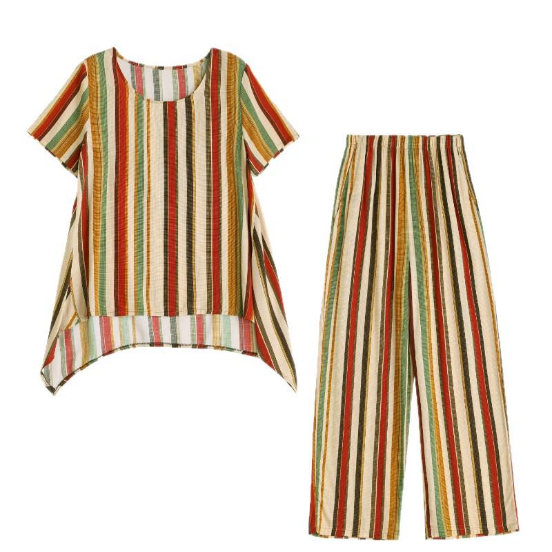 Women's Plus Size Summer Tie-Dye Cotton Linen Suit: Irregular Hem Top & Wide Leg Pants Two-Piece Set