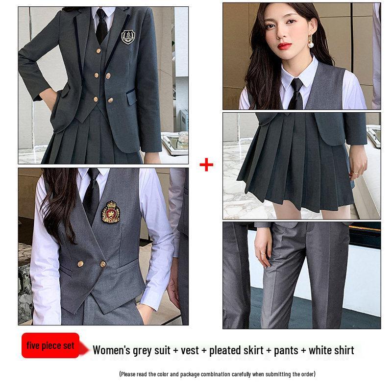 Unisex British College-Style Suit Jacket & Pleated Skirt Set: Stylish, Professional JK Uniform.