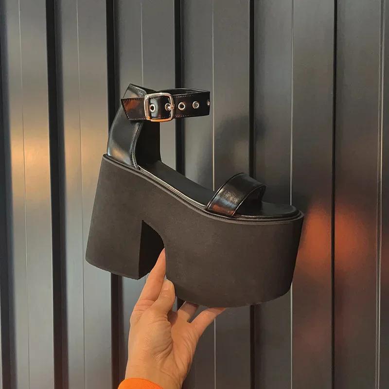 Fashion 13cm Chunky Heel Sandals for Women Thick Bottom Nightclub Increased Open Toe Fashion Rivet Platform Wedge Heels Ankle Strap