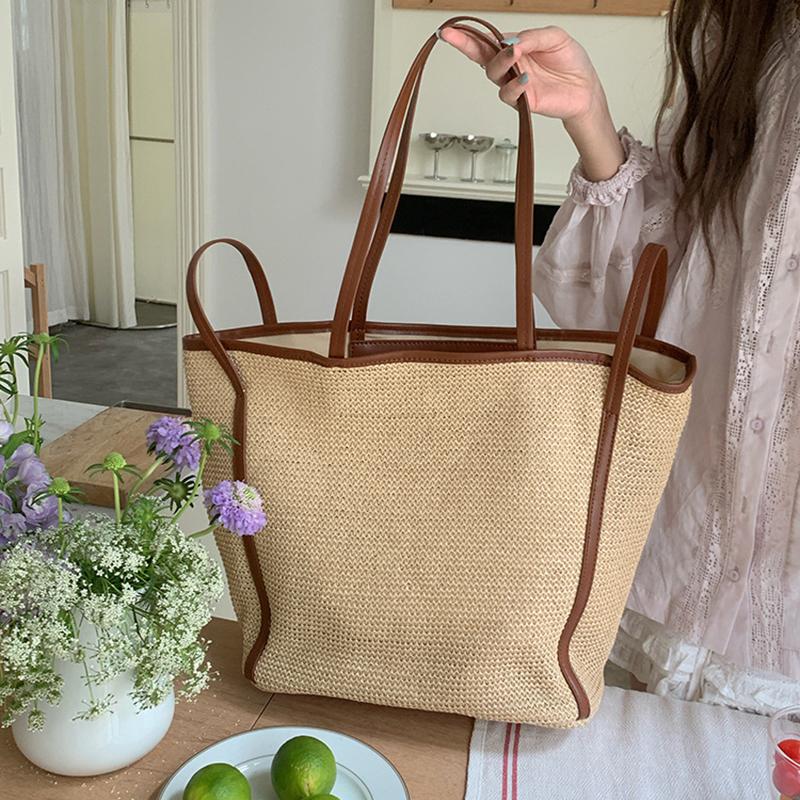 

Yogodlns Large Capacity Straw Knitting Tote Bag Women Handmade Ethnic Style Casual Beach Shoulder Handbag Designer Hollow out 47x18x30cm коричневый/хаки