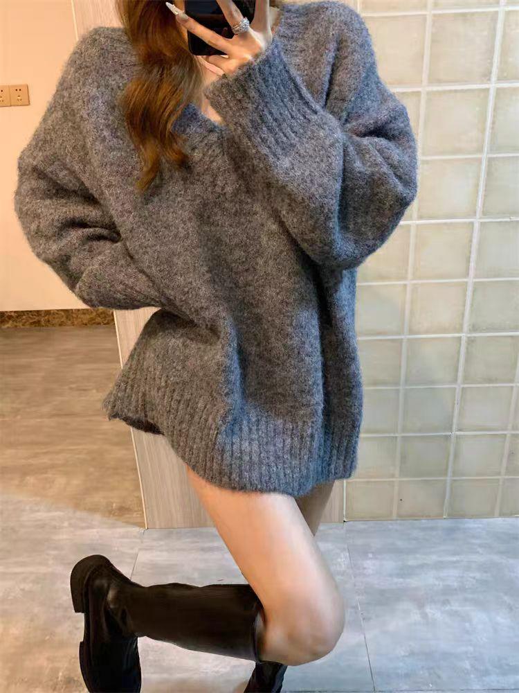 Cozy V-Neck Wool Pullover Sweater & Loose Mid-Length Skirt Set