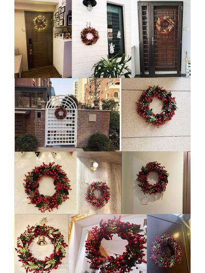 Handmade Christmas Wreath with Red Berries & Green Leaves on Steel Ring for Door Decoration