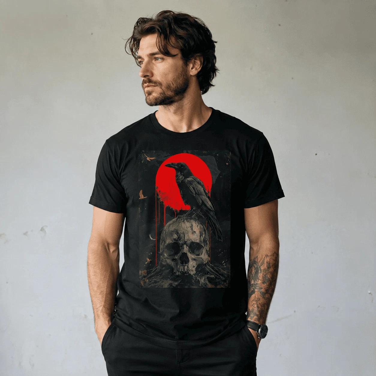 Red Moon Raven Skull Gothic T-Shirt Dark Crow Graphic Streetwear Tee XXXXL