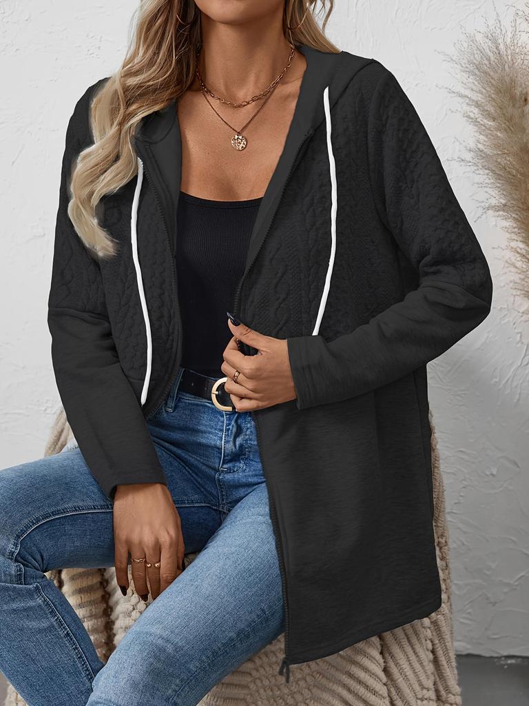 2025 Women's Autumn and Winter Solid Color Corrugated Pocket Stitching Casual Loose Women's Hooded Jacket