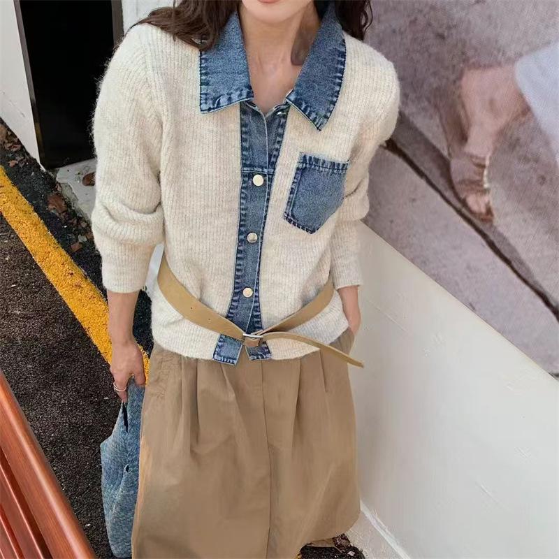 Korean-Style Denim Knit Polo Cardigan: Women's Loose-Fit Fashionable Autumn/Winter Sweater