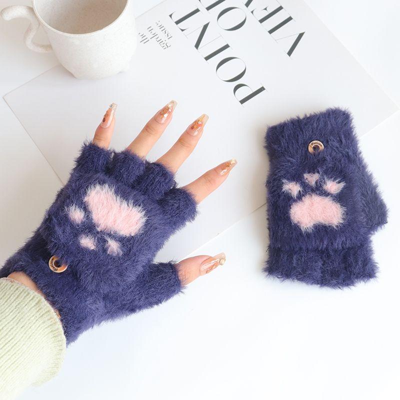 

Women s Winter Warm Light Pink Knitted Cat s Paw Gloves Navy blue All yards