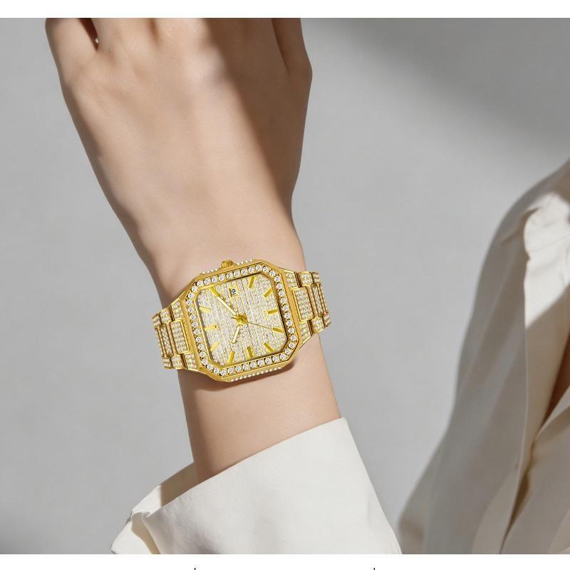Luxus Volldiamant Uhr Herren Elegant Bling Strass Armbanduhr Datum Wasserdicht Iced Out Quadratisch Quarz Uhr
