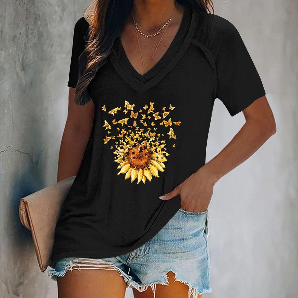 Women's Tops Dressy Summer Fashion Casual Sunflower Print Casual T-Shirt Shoulder Sleeve V Neck Slim Flowy Tunic