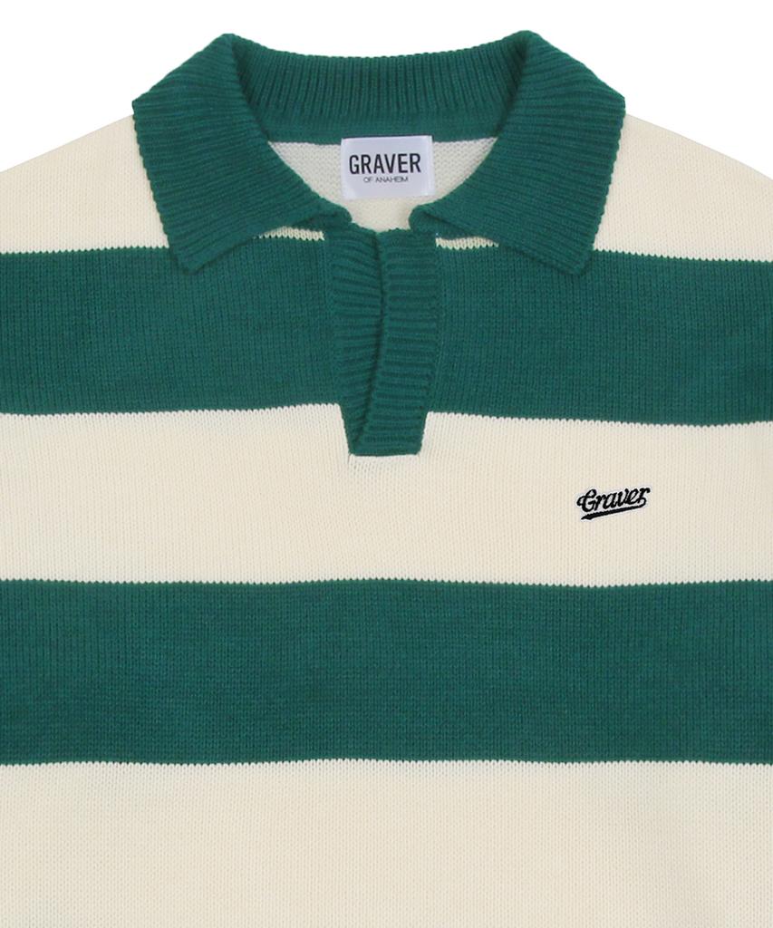 GRAVER [Unisex] Baseball Logo Embroidered Striped Collar Knit_Green