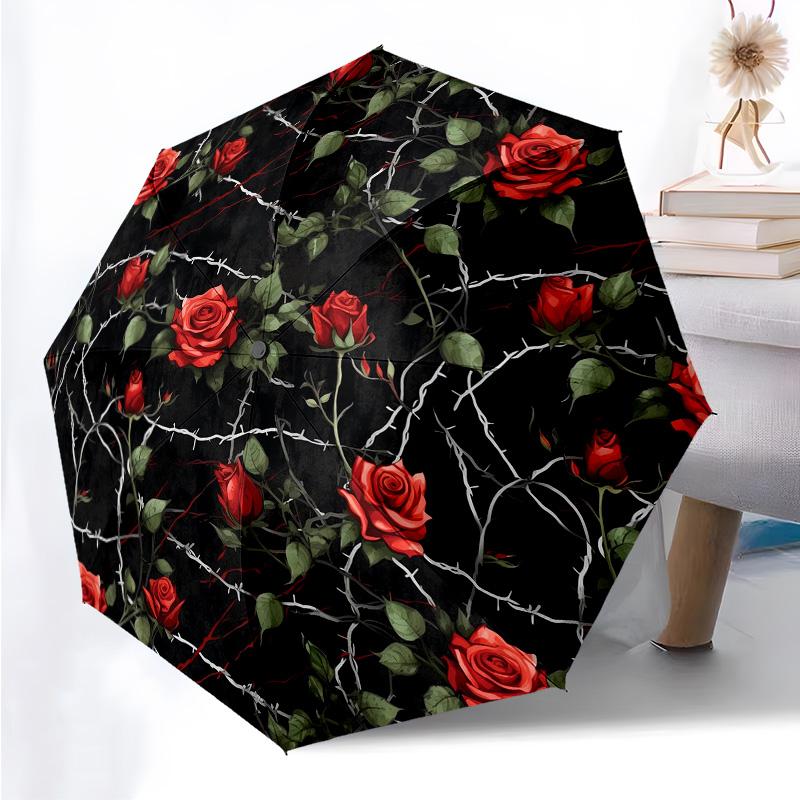 Flowers Florals Themed Folding Umbrella Fashion Auto-Open 8 Iron Ribs Plastic Handle Foldable Sunshade Perfect Christmas Gifts
