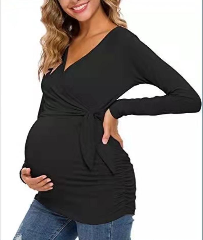 European and American trends Bao Ma cross V-neck breastfeeding T-shirt maternity top spot loose type