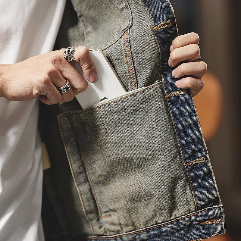 Xintang Men's 2025 American Retro Denim Motorcycle Jacket - High Street Rogue Style Streetwear