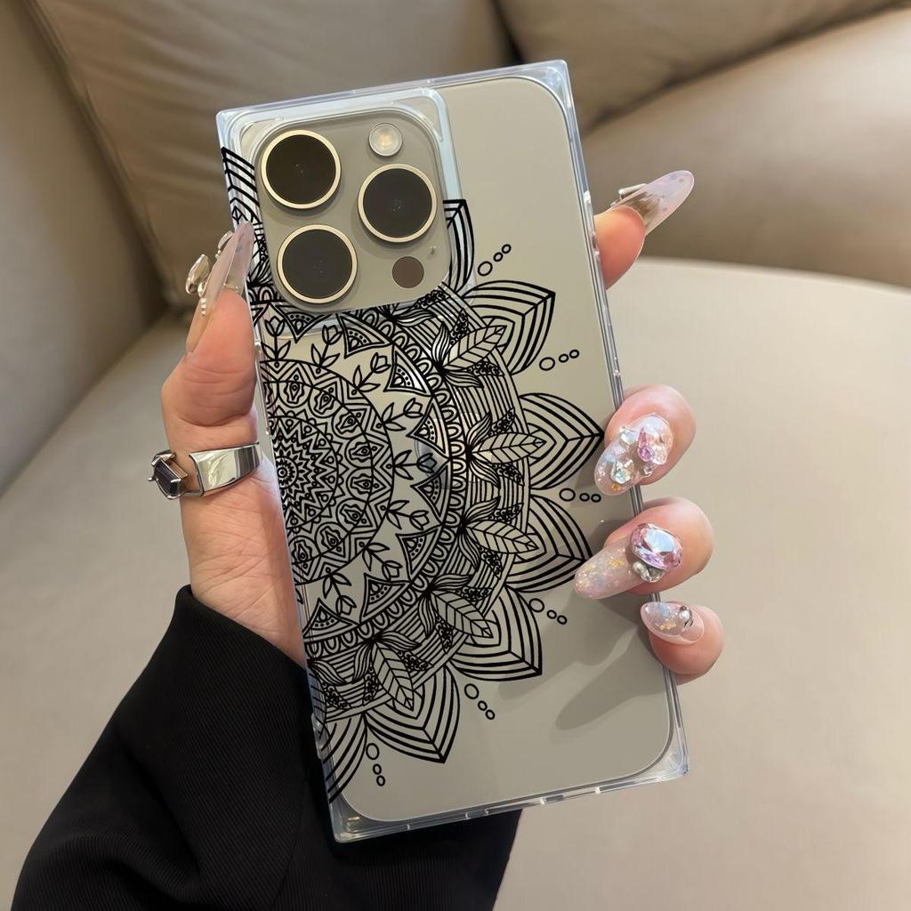 Clear Square Back Tube Case Protection For iPhone 15 Plus 14 Pro Max 12 16 ProMax 13 11 Anti-Oxygen,Black Mandala Pattern Casing