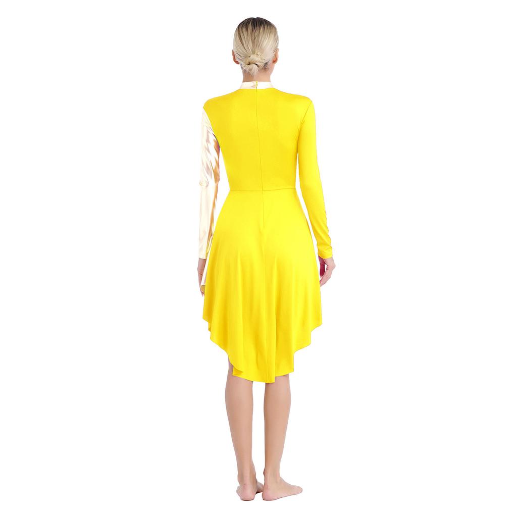 Vestido de Dança Litúrgica Feminino Gola Alta Manga Longa Patchwork Cor Contrastante Bainha Curva Vestido de Adoração