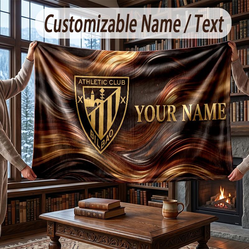 Custom Name Flannel Throw Blanket Athletic Bilbao FC Pattern Warm Home Decoration
