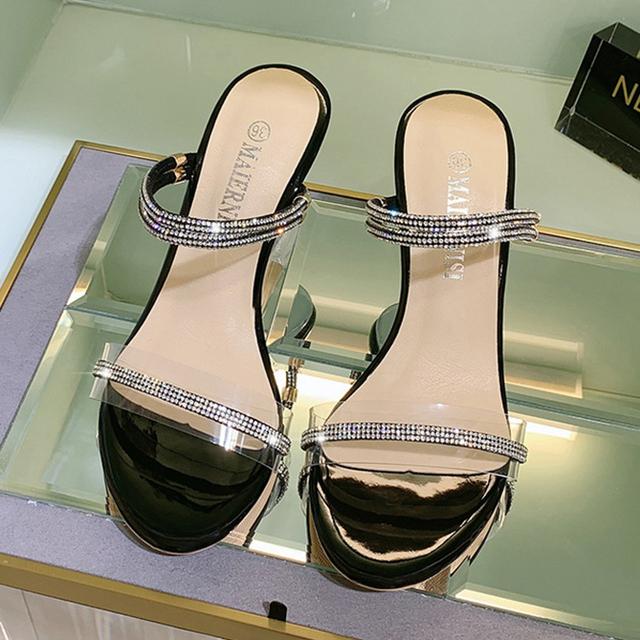 Women 8cm High Heels Wedges Platform Sandals Stripper Slippers Silver Mules Lady Transparent Clear Heels Crystal Prom Shoes
