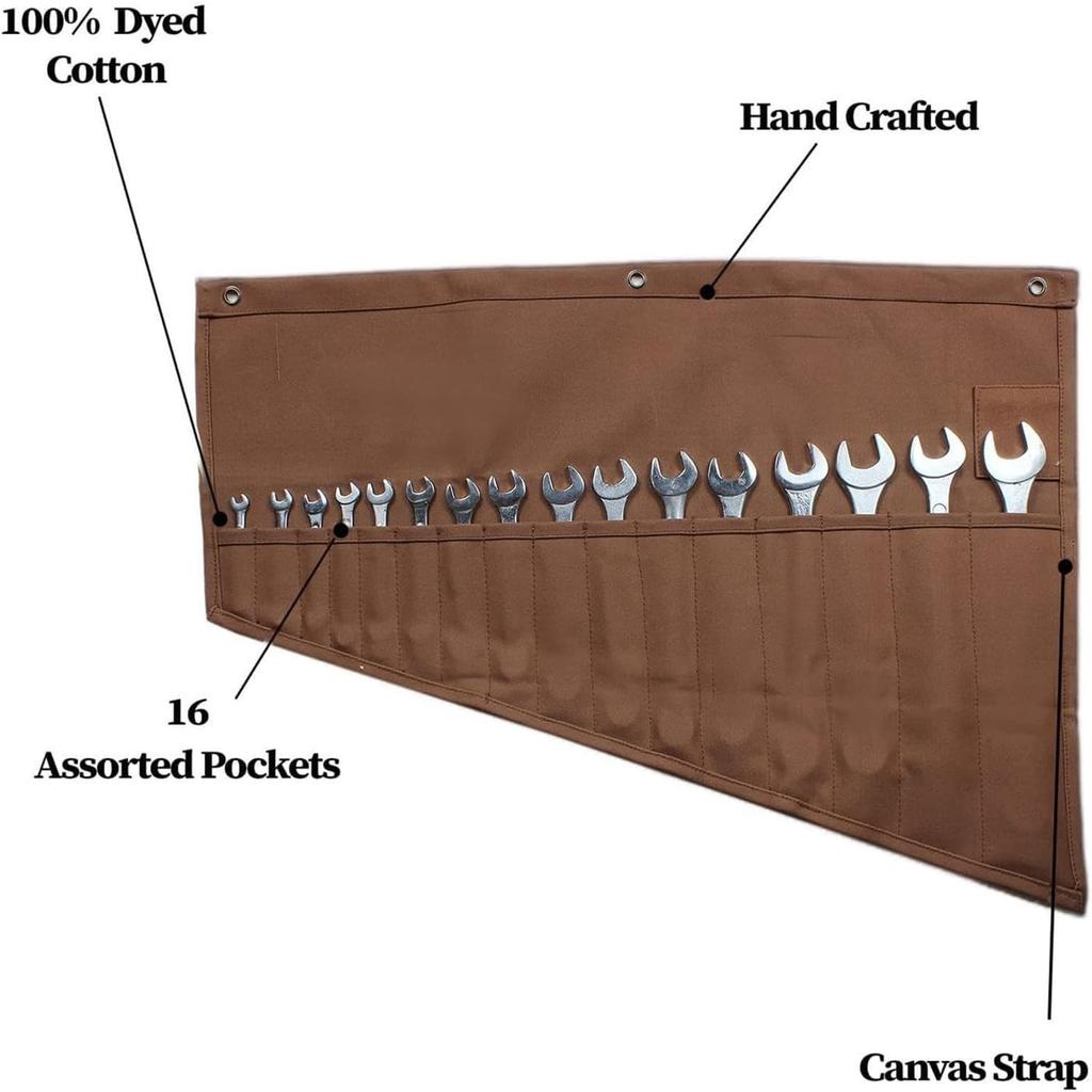 16 Pocket Wrench Storage Roll Bag  Brown Waterproof Oxford Cloth Tool Finishing Bag